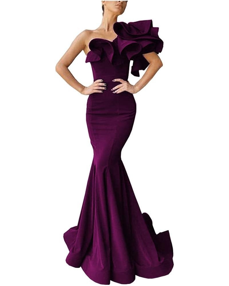 Women's Mermaid One Shoulder Ruffles Prom Dresses Evening Gowns A-grape $46.70 Dresses