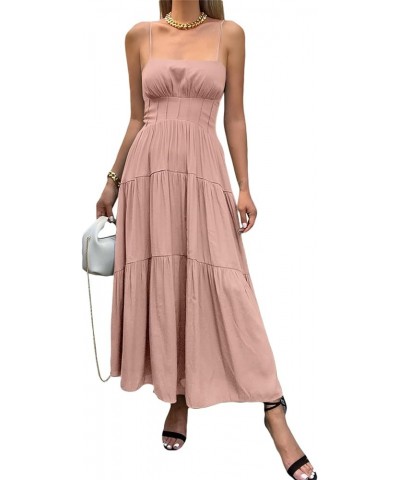 Women Summer Spaghetti Strap Smocked Maxi Dress Sleeveless High Waist Casual A Line Ruffle Tiered Long Dresses Pink $23.31 Dr...