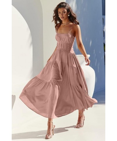 Women Summer Spaghetti Strap Smocked Maxi Dress Sleeveless High Waist Casual A Line Ruffle Tiered Long Dresses Pink $23.31 Dr...