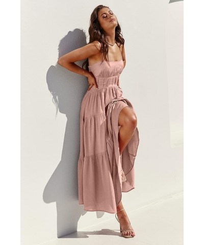 Women Summer Spaghetti Strap Smocked Maxi Dress Sleeveless High Waist Casual A Line Ruffle Tiered Long Dresses Pink $23.31 Dr...