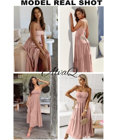 Women Summer Spaghetti Strap Smocked Maxi Dress Sleeveless High Waist Casual A Line Ruffle Tiered Long Dresses Pink $23.31 Dr...