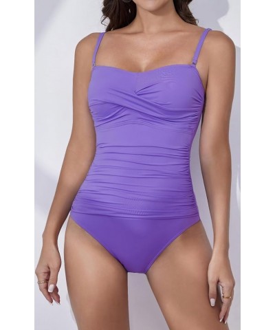 One Piece Swimsuit Women Tummy Control Bathing Suit Slimming Vintage Wrap Swimwear Removable Straps Swim Suit Light Purple $2...