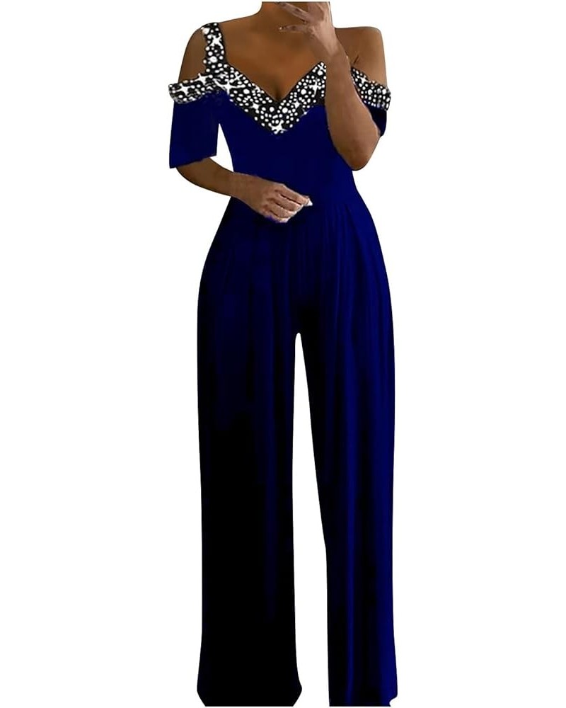 Jumpsuits for Women Dressy Elegant Party Summer Casual Lounge Wide Leg Work Rompers Overalls H-blue $12.50 Overalls