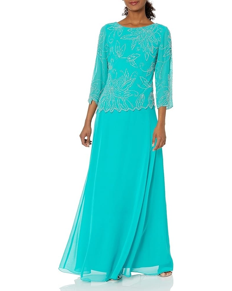 Women's 3/4 Sleeve Long Beaded Floral Design Dress Aqua/Multi $39.87 Dresses