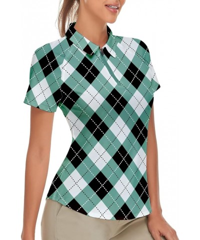 Women's Golf Shirt Short Sleeve Tennis Shirt Quarter Zip Golf Pullover Golf Polo Shirts Argyle Summer Dry Fit Tops Green Argy...