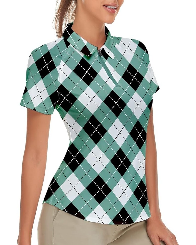 Women's Golf Shirt Short Sleeve Tennis Shirt Quarter Zip Golf Pullover Golf Polo Shirts Argyle Summer Dry Fit Tops Green Argy...