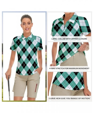 Women's Golf Shirt Short Sleeve Tennis Shirt Quarter Zip Golf Pullover Golf Polo Shirts Argyle Summer Dry Fit Tops Green Argy...