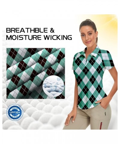 Women's Golf Shirt Short Sleeve Tennis Shirt Quarter Zip Golf Pullover Golf Polo Shirts Argyle Summer Dry Fit Tops Green Argy...