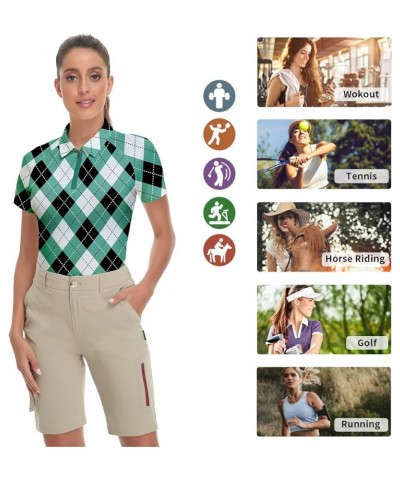 Women's Golf Shirt Short Sleeve Tennis Shirt Quarter Zip Golf Pullover Golf Polo Shirts Argyle Summer Dry Fit Tops Green Argy...