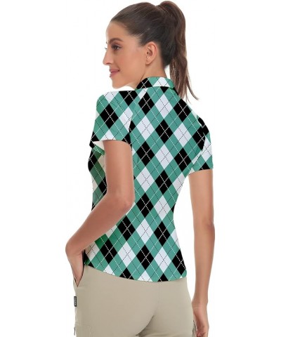 Women's Golf Shirt Short Sleeve Tennis Shirt Quarter Zip Golf Pullover Golf Polo Shirts Argyle Summer Dry Fit Tops Green Argy...