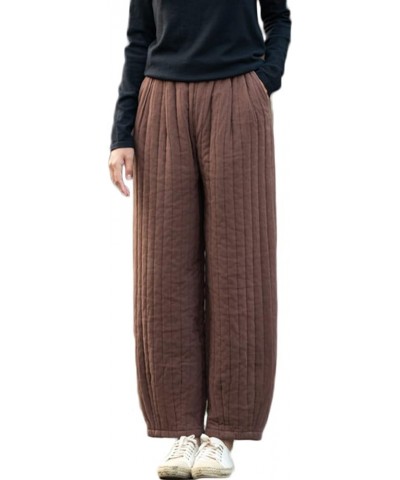 Women Winter Thick Pants Warm Quilted Cotton Linen Elastic Waist Wide Leg Capris Trousers Coffee $22.55 Pants