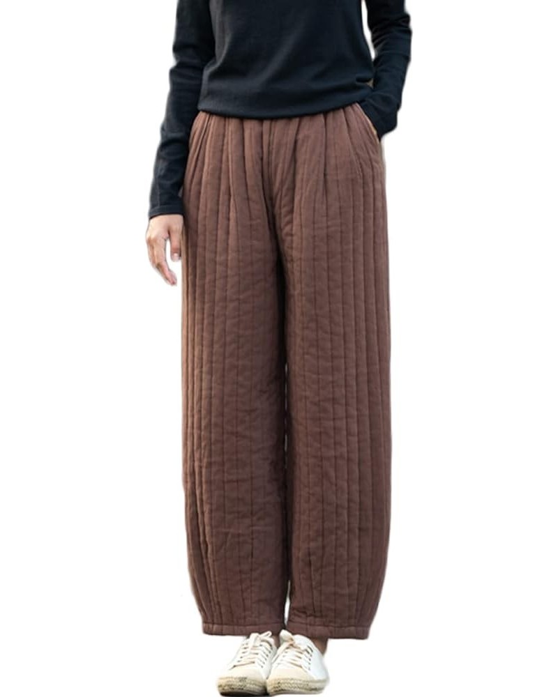 Women Winter Thick Pants Warm Quilted Cotton Linen Elastic Waist Wide Leg Capris Trousers Coffee $22.55 Pants