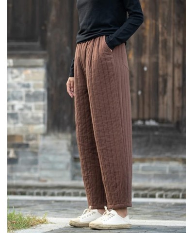 Women Winter Thick Pants Warm Quilted Cotton Linen Elastic Waist Wide Leg Capris Trousers Coffee $22.55 Pants