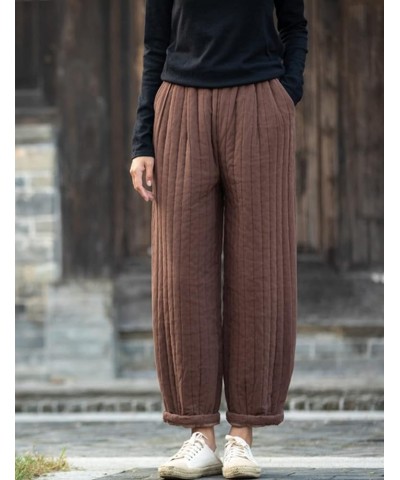 Women Winter Thick Pants Warm Quilted Cotton Linen Elastic Waist Wide Leg Capris Trousers Coffee $22.55 Pants