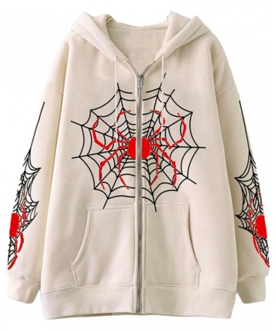 Zip Up Y2k Hoodie for Women Graphic Printed Oversized Sweatshirt Aesthetic Vintage Sweater Gothic Halloween Jacket Khaki Spid...