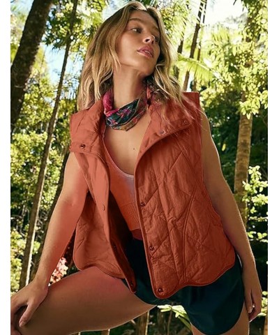 Women Quilted Lightweight Vest Sleeveless Stand Collar Button Down Padded Coat with Pockets Tangerine $17.09 Vests