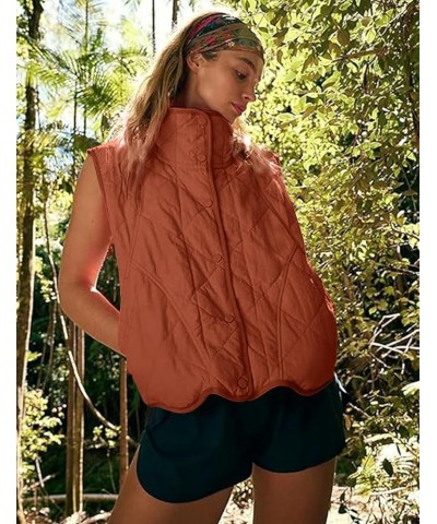 Women Quilted Lightweight Vest Sleeveless Stand Collar Button Down Padded Coat with Pockets Tangerine $17.09 Vests