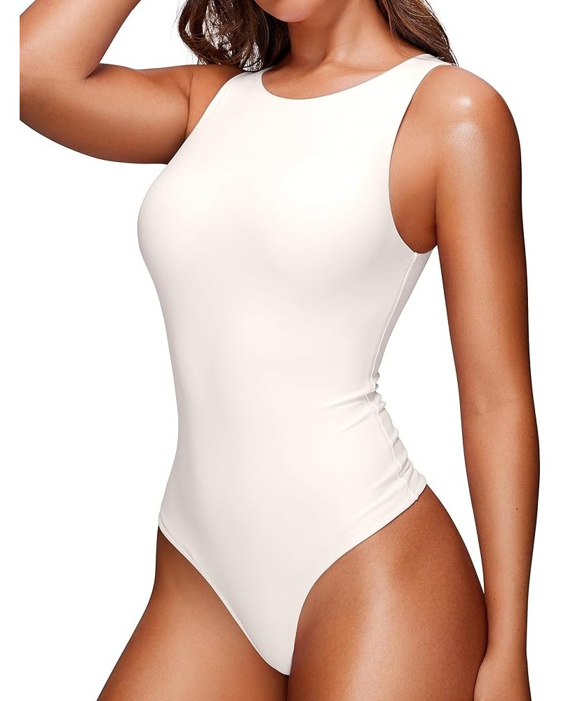 Butterluxe Sleeveless Bodysuit for Women High Neck Double Lined Sexy Tank Tops Bodysuits Racerback Thong Jumpsuits White Apri...