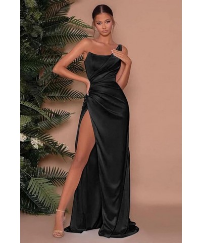 Women's Mermaid One Shoulder Prom Dress with Slit Long Ruched Satin Bridesmaid Dresses for Wedding Formal Party Gown Blush Pi...