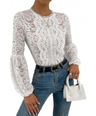 Women's Floral Lace Long Sleeve Bodysuit Lantern Sleeve Elegant Blouse Tops Shirt White $16.80 Bodysuits