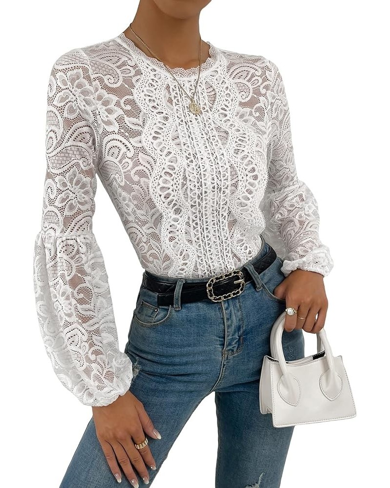 Women's Floral Lace Long Sleeve Bodysuit Lantern Sleeve Elegant Blouse Tops Shirt White $16.80 Bodysuits