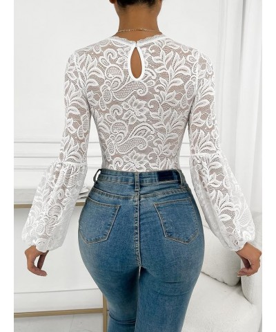 Women's Floral Lace Long Sleeve Bodysuit Lantern Sleeve Elegant Blouse Tops Shirt White $16.80 Bodysuits