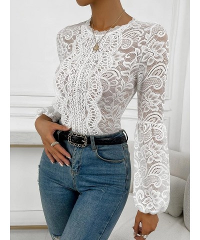 Women's Floral Lace Long Sleeve Bodysuit Lantern Sleeve Elegant Blouse Tops Shirt White $16.80 Bodysuits