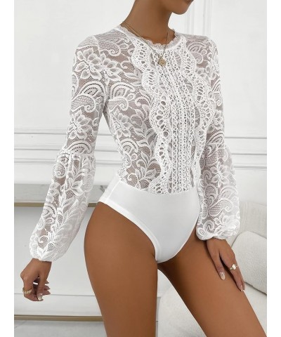 Women's Floral Lace Long Sleeve Bodysuit Lantern Sleeve Elegant Blouse Tops Shirt White $16.80 Bodysuits