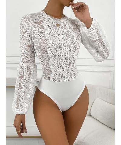 Women's Floral Lace Long Sleeve Bodysuit Lantern Sleeve Elegant Blouse Tops Shirt White $16.80 Bodysuits