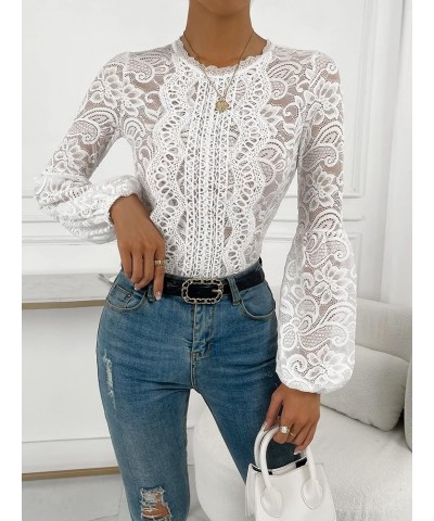 Women's Floral Lace Long Sleeve Bodysuit Lantern Sleeve Elegant Blouse Tops Shirt White $16.80 Bodysuits