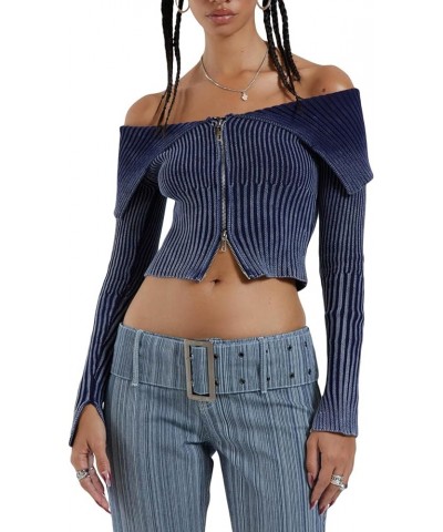 Women Y2K Hollow Out Top Long Sleeve Crochet Knit Crop Tops Sexy See Through Fishnet Top V-zipper Knit Ribbed Blue Top $13.19...