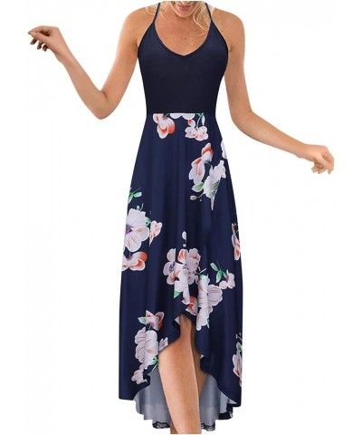 Women's Summer Sundresses V Neck Casual Sleeveless Asymmetrical Patchwork Floral Maxi Dresses C Navy $8.22 Dresses