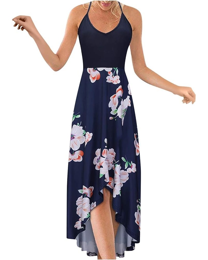 Women's Summer Sundresses V Neck Casual Sleeveless Asymmetrical Patchwork Floral Maxi Dresses C Navy $8.22 Dresses