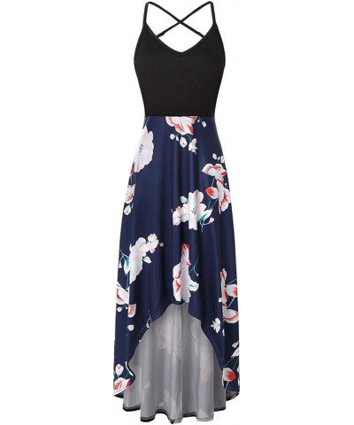 Women's Summer Sundresses V Neck Casual Sleeveless Asymmetrical Patchwork Floral Maxi Dresses C Navy $8.22 Dresses