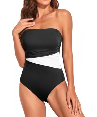 Women Tummy Control One Piece Swimsuits Strapless Bandeau Bathing Suits Slimming Halter Swimwear Black White $22.95 Swimsuits