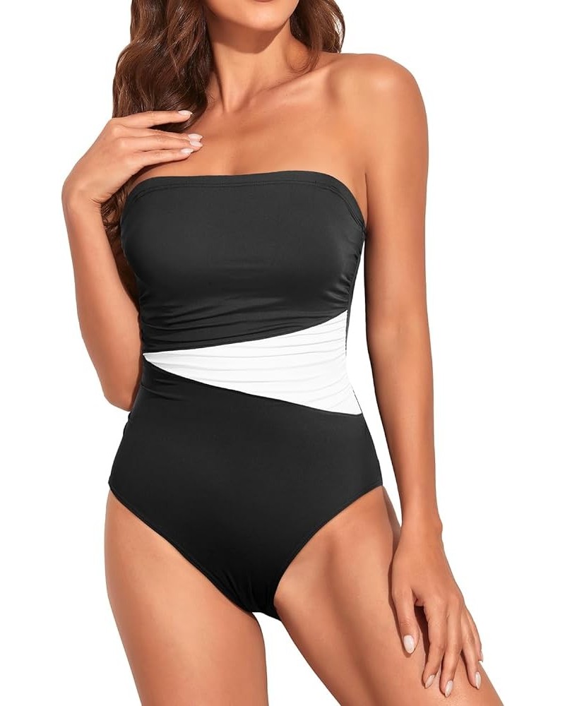 Women Tummy Control One Piece Swimsuits Strapless Bandeau Bathing Suits Slimming Halter Swimwear Black White $22.95 Swimsuits