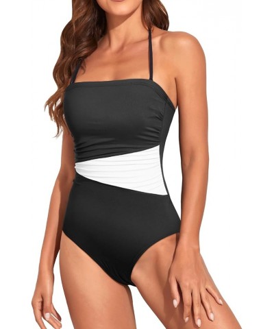 Women Tummy Control One Piece Swimsuits Strapless Bandeau Bathing Suits Slimming Halter Swimwear Black White $22.95 Swimsuits