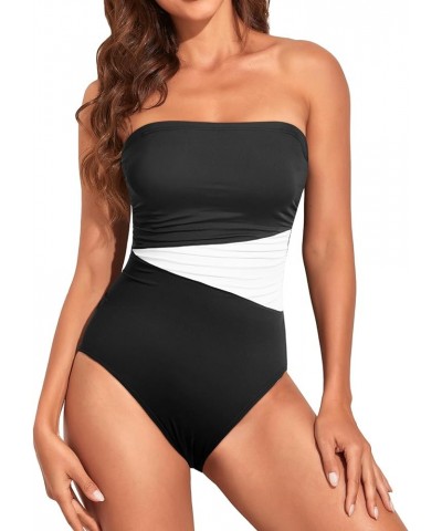 Women Tummy Control One Piece Swimsuits Strapless Bandeau Bathing Suits Slimming Halter Swimwear Black White $22.95 Swimsuits