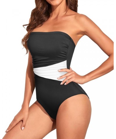 Women Tummy Control One Piece Swimsuits Strapless Bandeau Bathing Suits Slimming Halter Swimwear Black White $22.95 Swimsuits