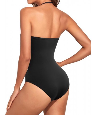 Women Tummy Control One Piece Swimsuits Strapless Bandeau Bathing Suits Slimming Halter Swimwear Black White $22.95 Swimsuits