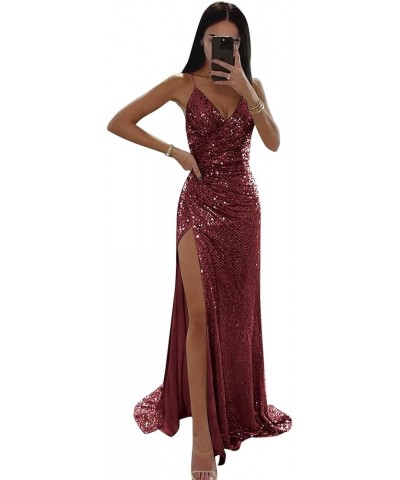 Sequin Mermaid Prom Dresses for Women Spaghetti Straps Formal Evening Party Gown with Slit Burgundy $29.40 Dresses