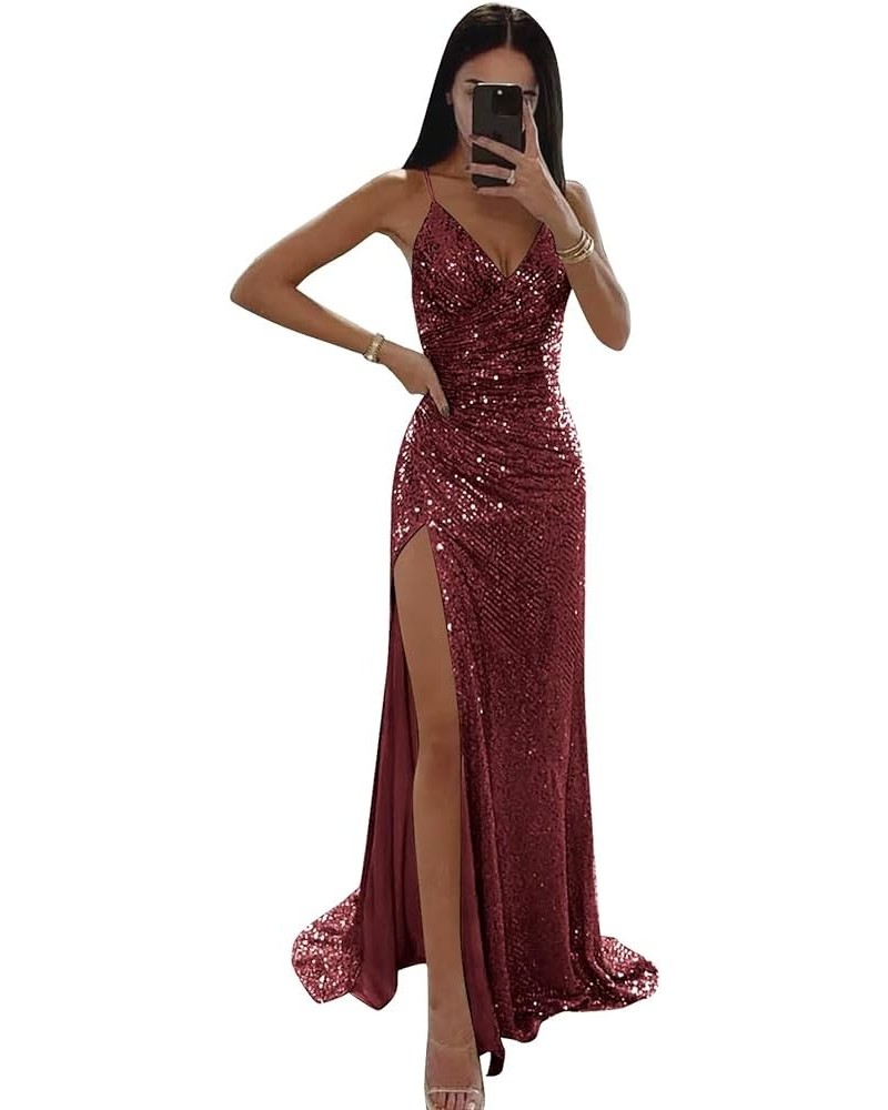 Sequin Mermaid Prom Dresses for Women Spaghetti Straps Formal Evening Party Gown with Slit Burgundy $29.40 Dresses