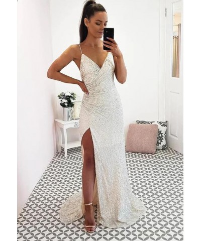 Sequin Mermaid Prom Dresses for Women Spaghetti Straps Formal Evening Party Gown with Slit Burgundy $29.40 Dresses