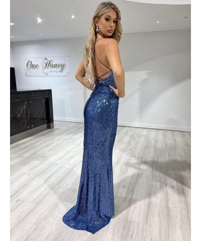 Sequin Mermaid Prom Dresses for Women Spaghetti Straps Formal Evening Party Gown with Slit Burgundy $29.40 Dresses