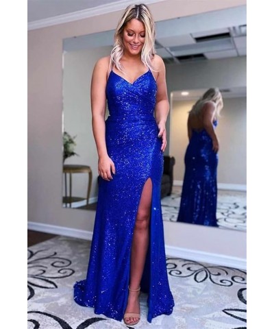 Sequin Mermaid Prom Dresses for Women Spaghetti Straps Formal Evening Party Gown with Slit Burgundy $29.40 Dresses