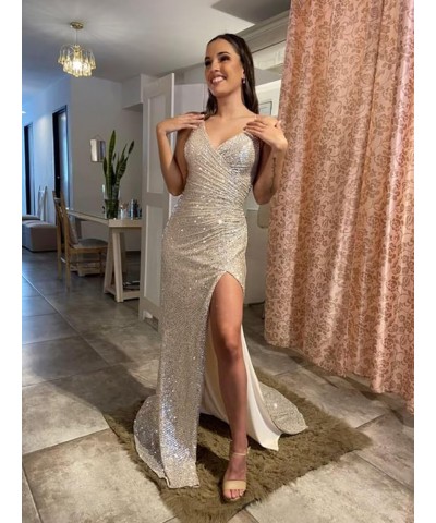 Sequin Mermaid Prom Dresses for Women Spaghetti Straps Formal Evening Party Gown with Slit Burgundy $29.40 Dresses