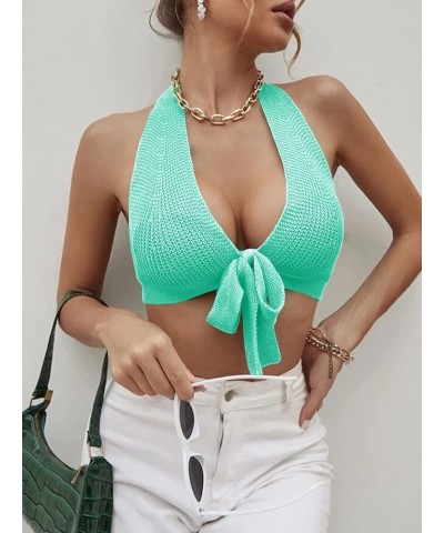 Women's Sexy Deep V Neck Crop Tops Halter Knit Ribbed Bow-Knot Front Backless Cleavage Cropped Tank Top A-green $12.25 Tanks