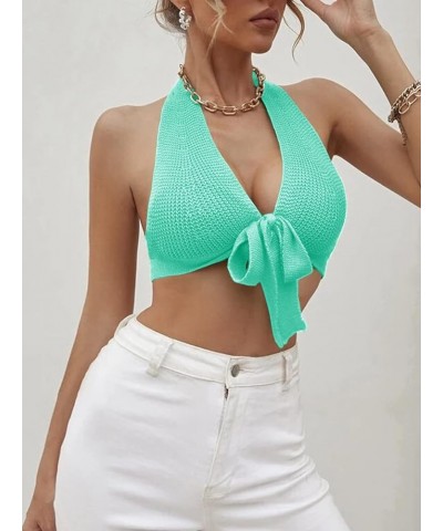 Women's Sexy Deep V Neck Crop Tops Halter Knit Ribbed Bow-Knot Front Backless Cleavage Cropped Tank Top A-green $12.25 Tanks