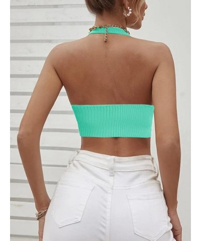 Women's Sexy Deep V Neck Crop Tops Halter Knit Ribbed Bow-Knot Front Backless Cleavage Cropped Tank Top A-green $12.25 Tanks