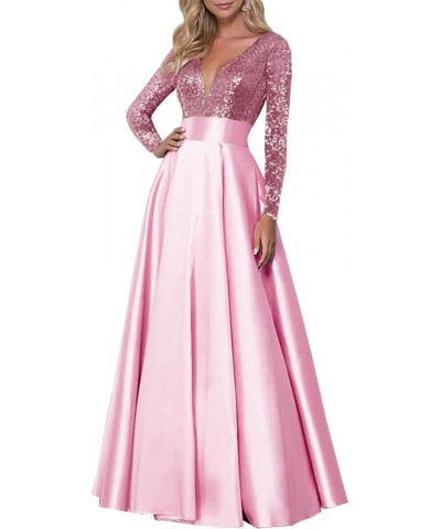 Long Sleeve Sequin Prom Dresses with Pockets V Neck Evening Formal Long Ball Gown 2023 Pink $33.79 Dresses